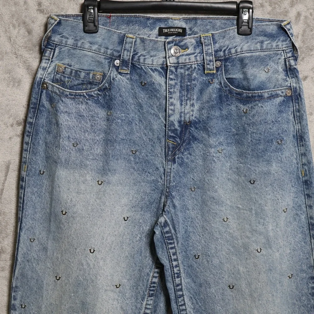 True Religion Jeans Mens 34x32 Blue Vinny Baggy All Over Logo Wide Leg Skater